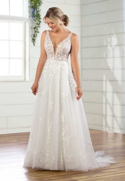 Sleeveless V-neckline A-line Wedding Dress With Tulle Skirt by Essense of Australia