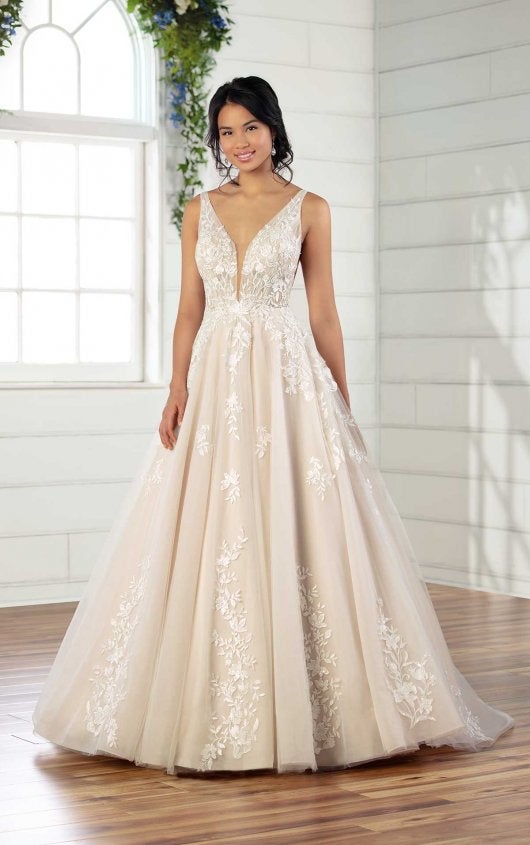 sheer plunge neck ball gown