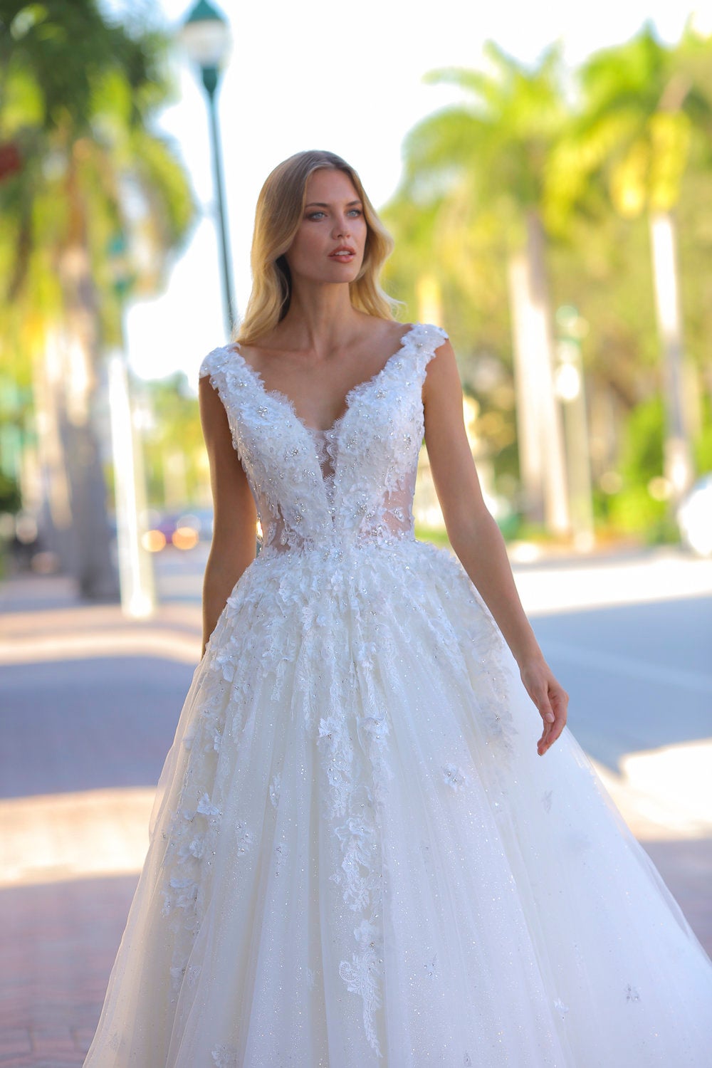 Cap sleeve beaded ball gown wedding dress