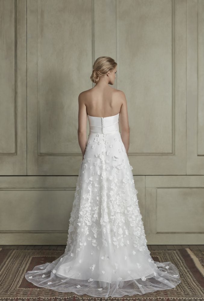 Strapless straight neckline sheath wedding dress with floral appliqué tulle skirt by Sareh Nouri - Image 2