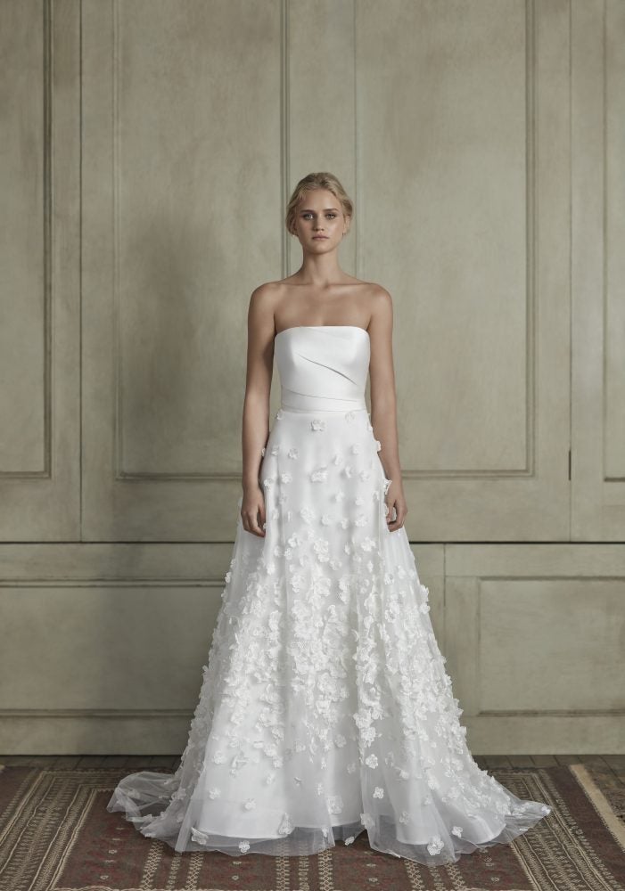 Strapless straight neckline sheath wedding dress with floral appliqué tulle skirt by Sareh Nouri - Image 1