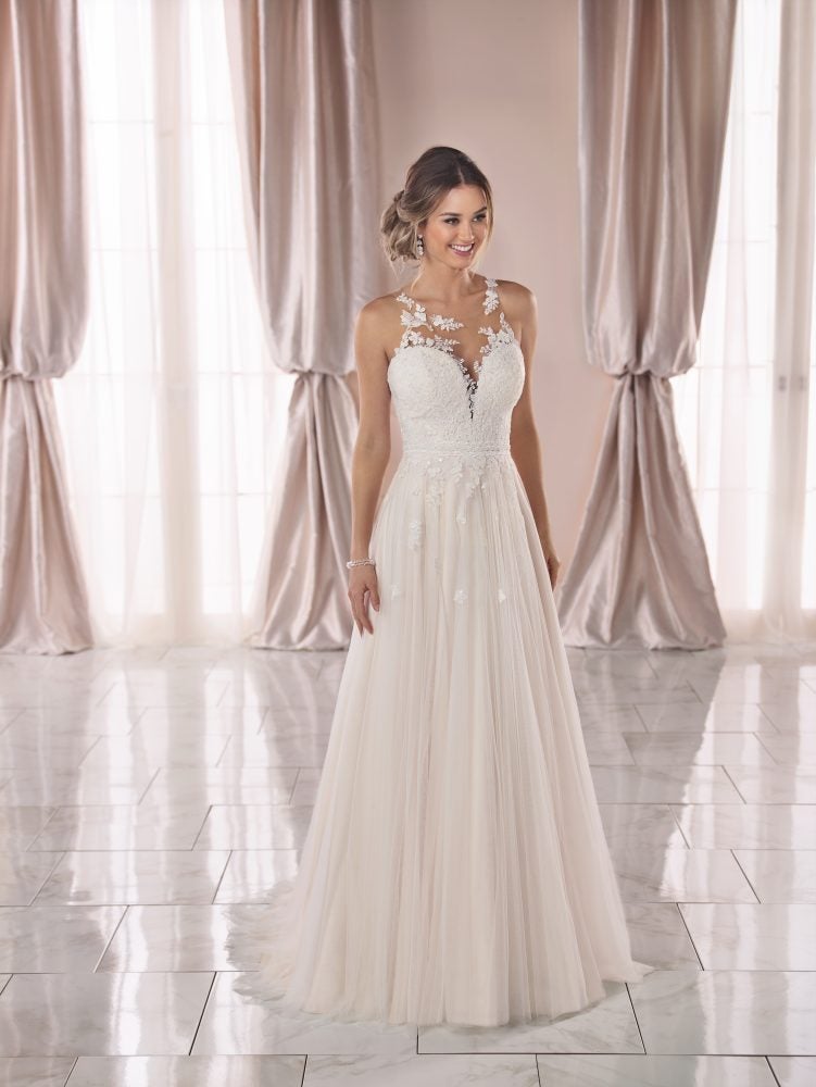Sleeveless Lace Illusion Neckline Aline Wedding Dress