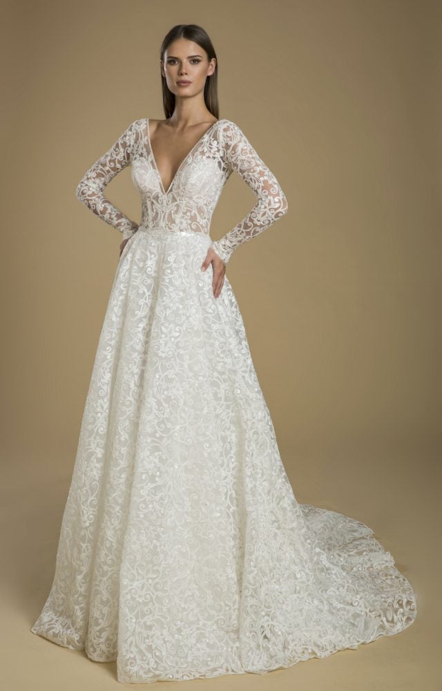 Long Sleeve A-line Embroidered Lace Wedding Dress by Love by Pnina Tornai - Image 1