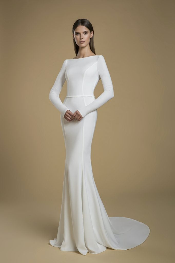 Long Sleeve Crepe Sheath Wedding Dress | Kleinfeld Bridal