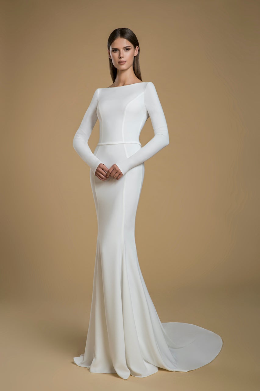 Long Sleeve Crepe Sheath Wedding Dress | Kleinfeld Bridal