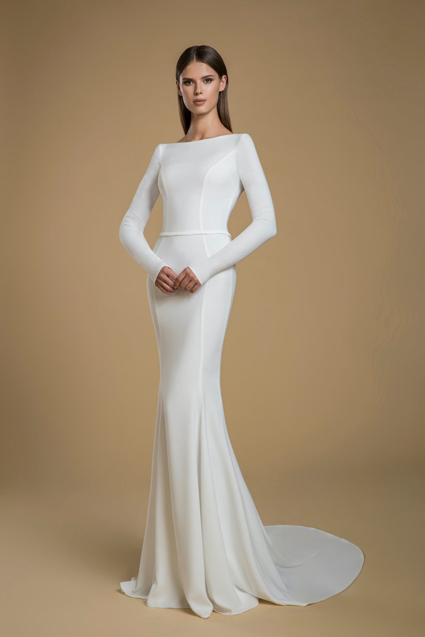 Long Sleeve Crepe Sheath Wedding Dress ...