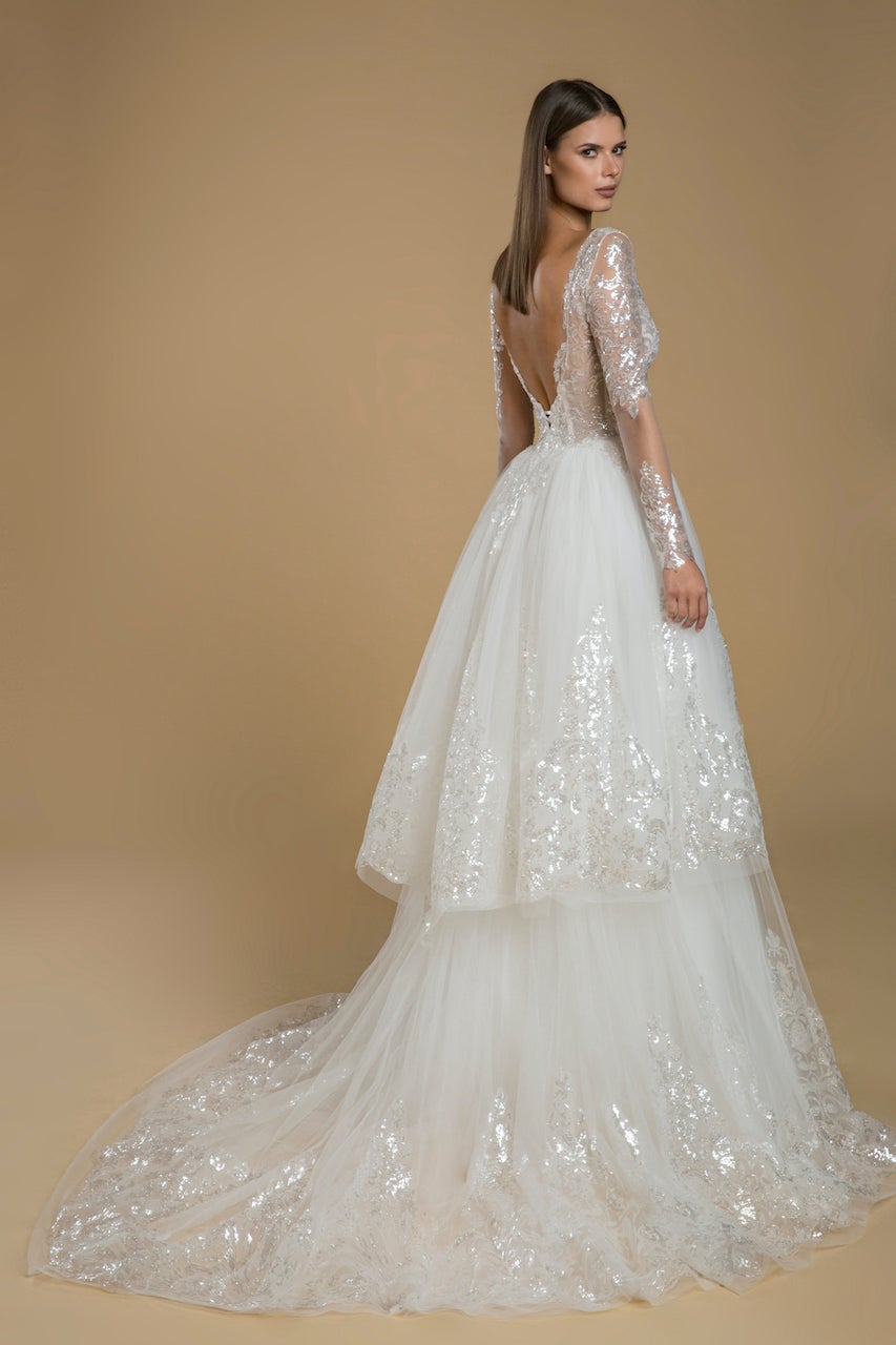 Long Sleeve Sequin Lace Tulle Ruffle Skirt Wedding Dress