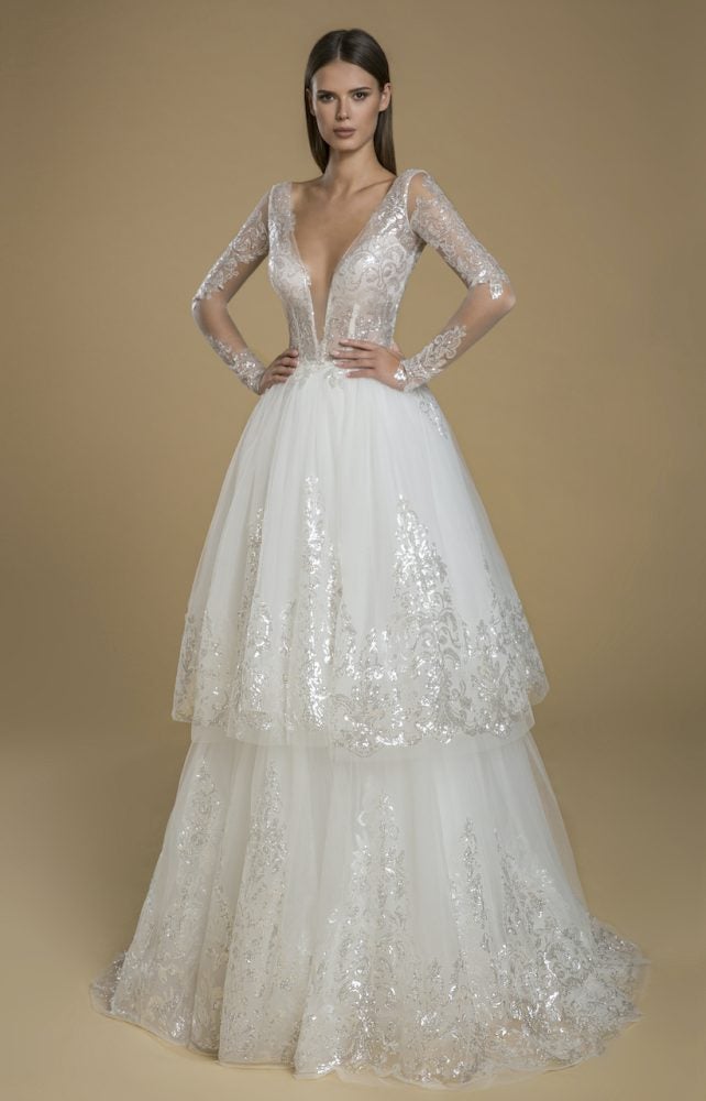 Long Sleeve Sequin Lace Tulle Ruffle Skirt Wedding Dress by Love by Pnina Tornai - Image 1