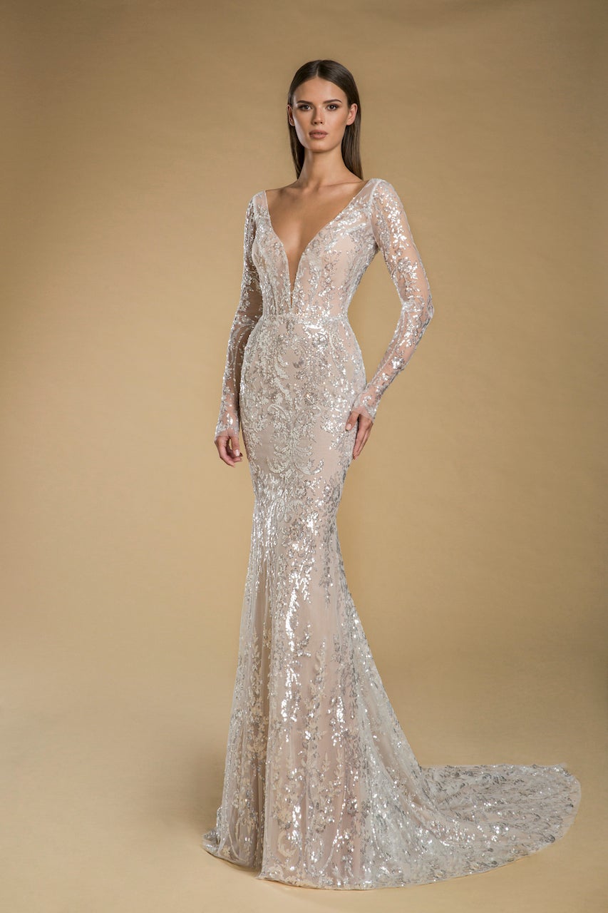 Long Sleeve V-neck Sequin Sheath Wedding Dress | Kleinfeld Bridal