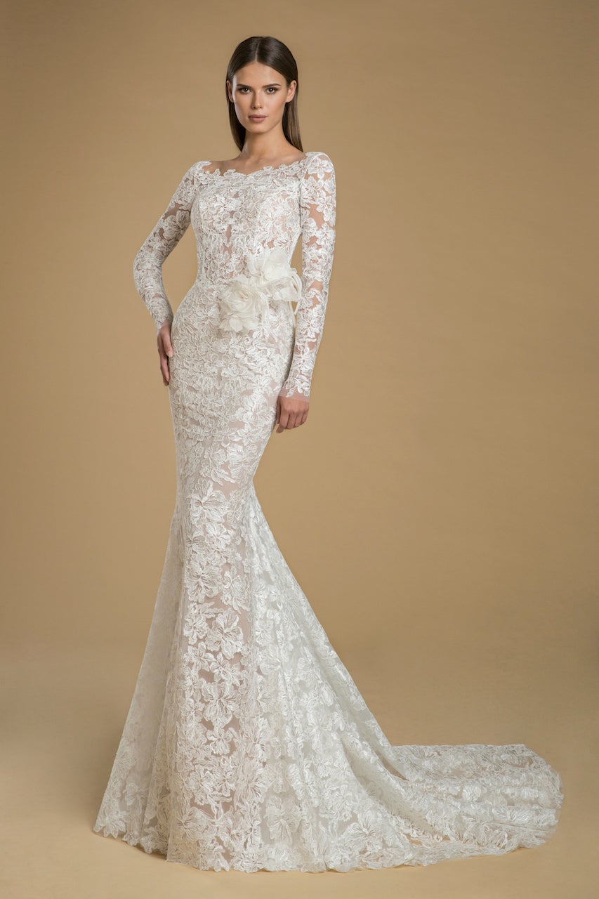 Long Sleeved Lace Sheath Wedding Dress With Low Back