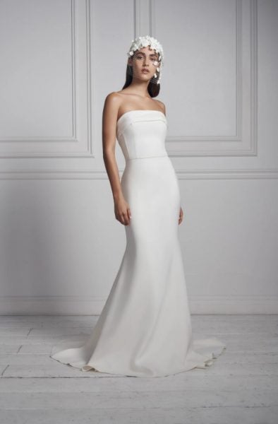 Strapless Simple Crepe Sheath Wedding Dress by Anne Barge - Image 1