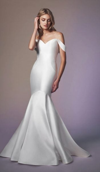 Strapless Simple Off The Shoulder Fit And Flare Wedding Dress by Anne Barge - Image 1