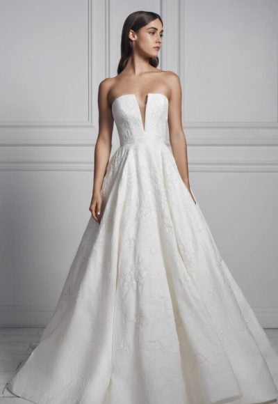 Strapless V-neck Ball Gown Floral Beaded Wedding Dress by Anne Barge