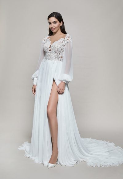 Long Sleeve V-neckline A-line Wedding Dress With Slit by Maison Signore