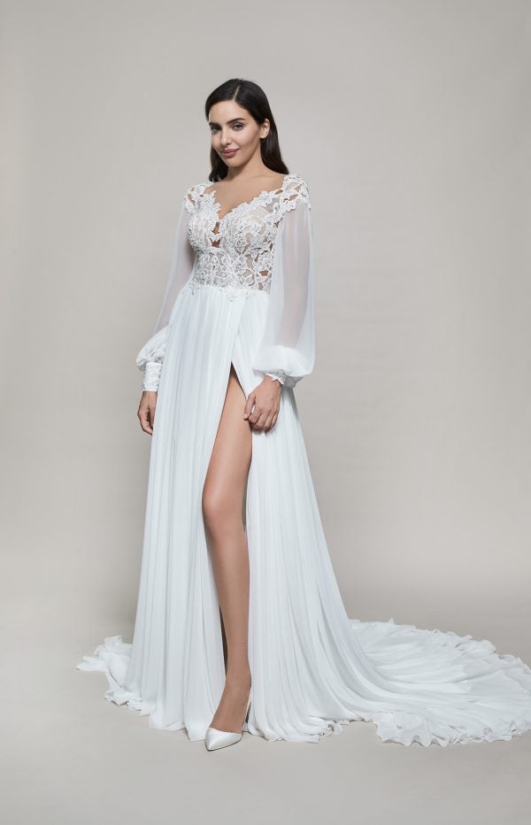 Long Sleeve V-neckline A-line Wedding Dress With Slit by Maison Signore - Image 1