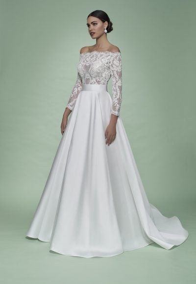 Strapless 3/4 Sleeve Ball Gown Wedding Dress With Lace Bodice And Mikado Skirt by Maison Signore