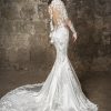 Long Sleeved High Neckline Lace And Satin Mermaid Wedding Dress With Flowers by Pnina Tornai - Image 2