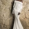 Off The Shoulder Long Sleeve Draped Glitter Sheath Wedding Dress With Low Back by Pnina Tornai - Image 1