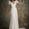 Puff Sleeve V-neckline Empire Waist Chantilly Lace Sheath Wedding Dress by Pnina Tornai - Image 1