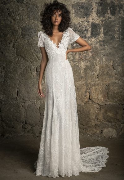 Puff Sleeve V-neckline Empire Waist Chantilly Lace Sheath Wedding Dress by Pnina Tornai