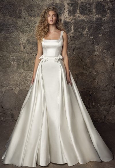 Sleeveless Satin Square Neck Mermaid Wedding Dress With Pearl Belt And Overskirt by Pnina Tornai