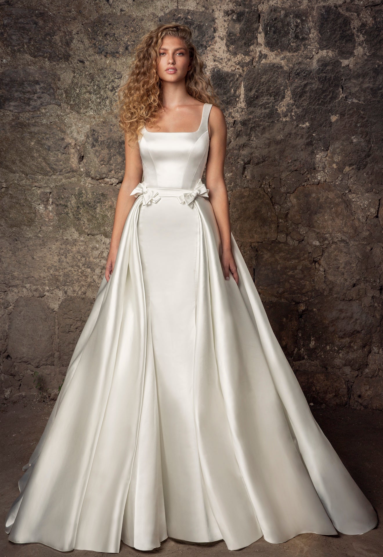 Sleeveless Satin Square Neck Mermaid Wedding Dress With Pearl Belt And  Overskirt