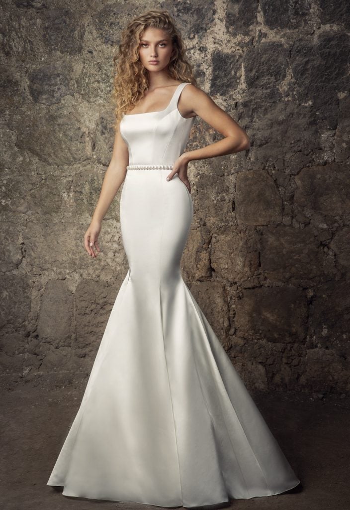 Sleeveless Satin Square Neck Mermaid Wedding Dress With Pearl Belt And ...