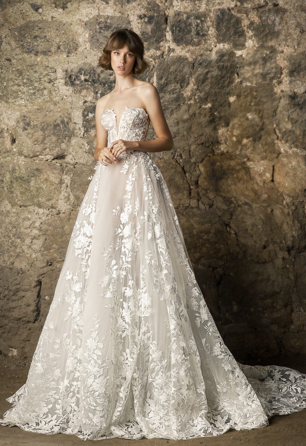 Strapless V-neckline Lace A-line Wedding Dress | Kleinfeld Bridal