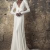 V-neck Draped Long Sleeve Empire Waist Glitter Sheath Wedding Dress by Pnina Tornai - Image 1