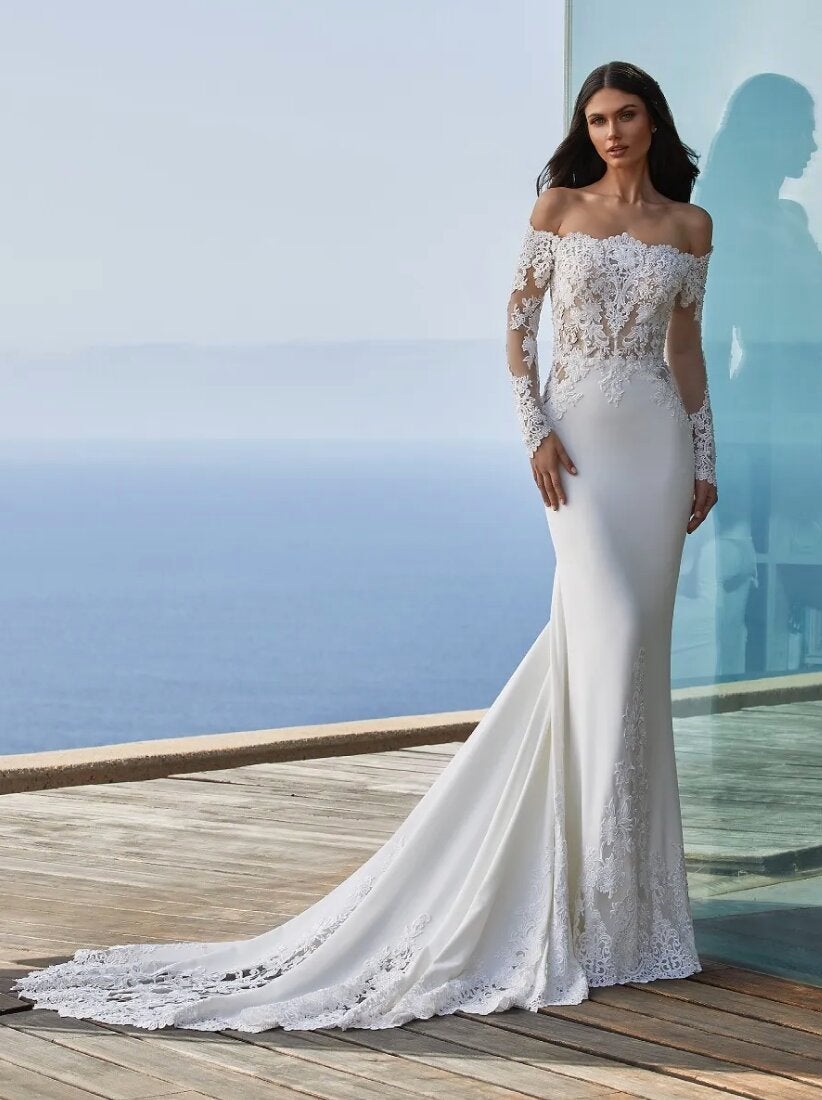 Long-sleeved Neckline | With Kleinfeld Crepe Wedding Bridal In Dress Wraparound Mermaid