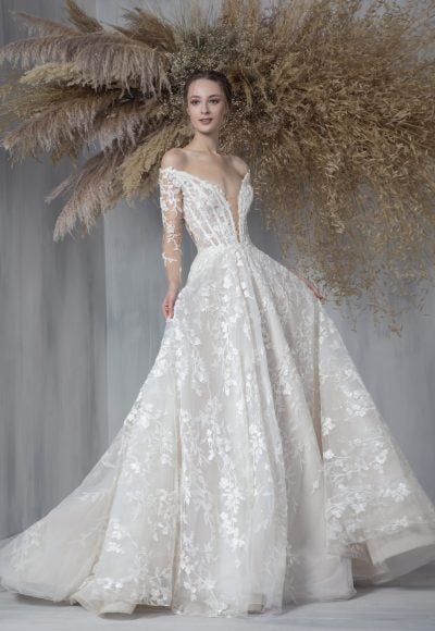 Long Sleeve Embroidered Ball Gown Wedding Dress by Tony Ward