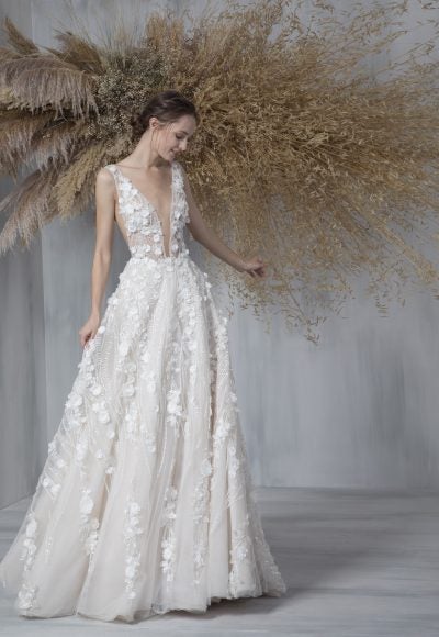 Sleeveless Deep V-neck Illusion Neckline A-line Wedding Dress by Tony Ward