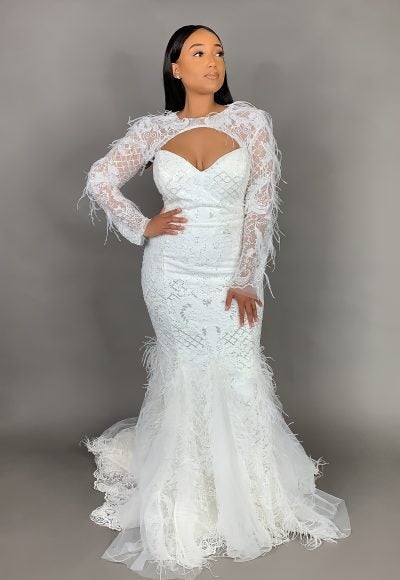Plus Size Strapless Sweetheart Neckline Mermaid Wedding Dress With Feathers And Beaded Lace by Pantora Bridal