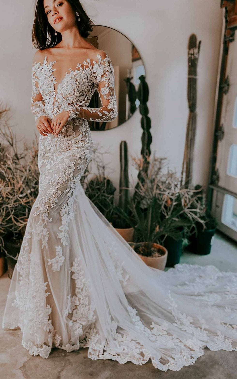 Sheer Floral Lace Wedding Dress With ...