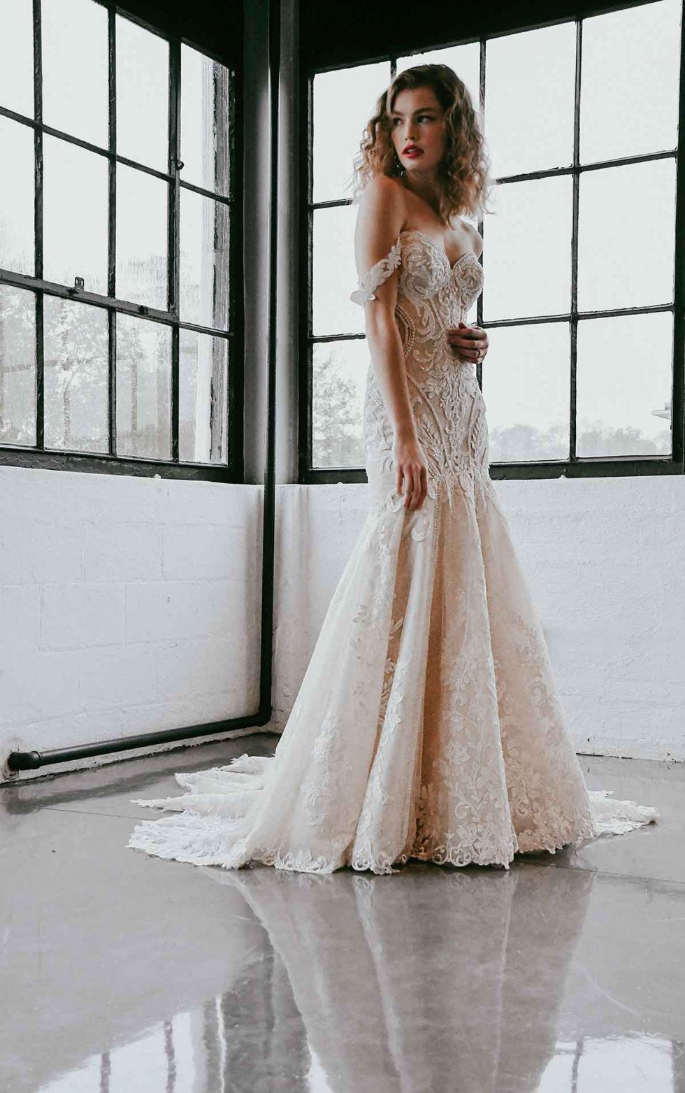 Off The Shoulder Lace Wedding Dress With Shaped Train