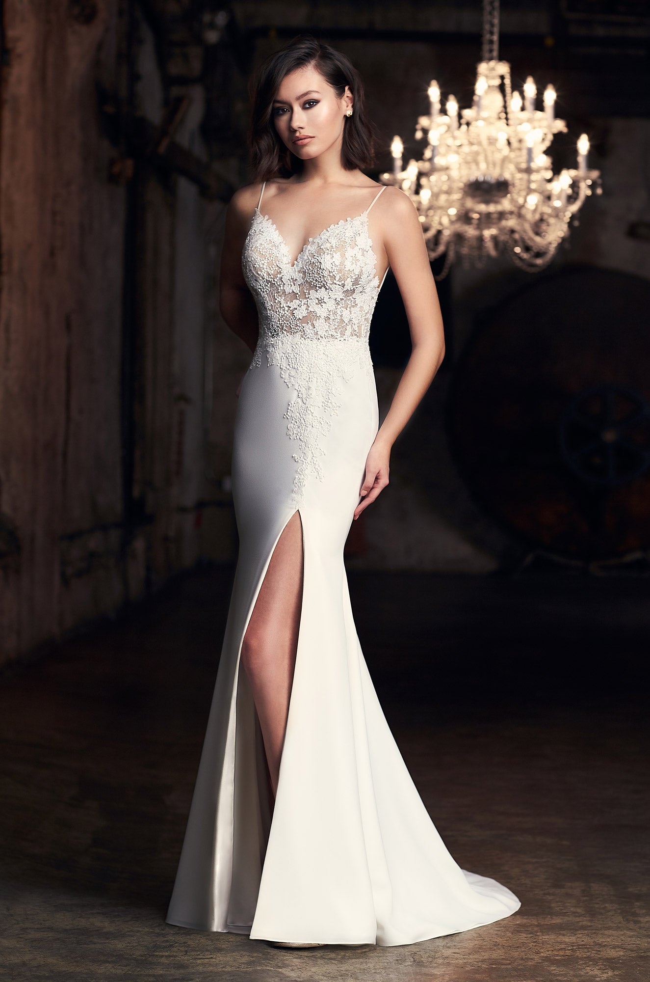 Spaghetti Strap Fit And Flare Wedding Dress With Slit
