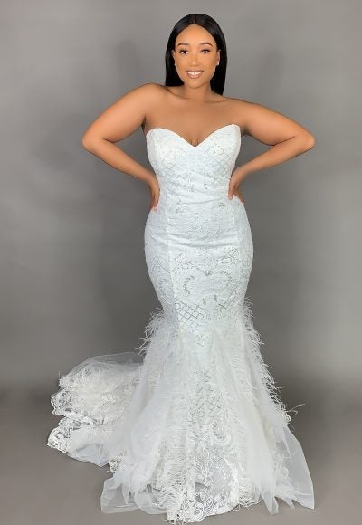 Strapless Sweetheart Neckline Mermaid Wedding Dress With Feathers And Beaded Lace by Pantora Bridal