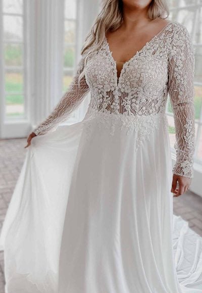 Modern Mixed-fabric Wedding Dress With Lace And Long Sleeves by Stella York