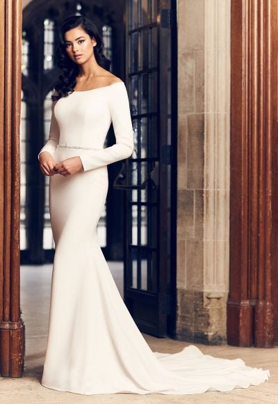 Simple Fit And Flare Long Sleeve Wedding Dress With Beaded Belt by Paloma Blanca