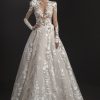 Long Sleeved High Neck Illusion Bodice Floral Embroidered A-line Wedding Dress by Pnina Tornai - Image 1