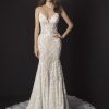 Spaghetti Strap Deep V Illusion Neckline And Sheer Bodice Fit And Flare Wedding Dress With Beading And Embroidered Lace by Pnina Tornai - Image 1