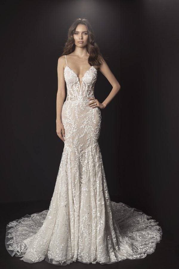 Spaghetti Strap Deep V Illusion Neckline And Sheer Bodice Fit And Flare Wedding Dress With Beading And Embroidered Lace by Pnina Tornai - Image 1