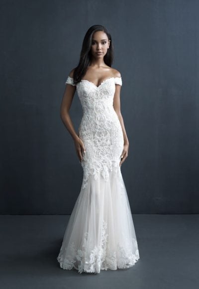 Off The Shoulder Sheath Wedding Dress With Beaded Bodice And Train by Allure Bridals