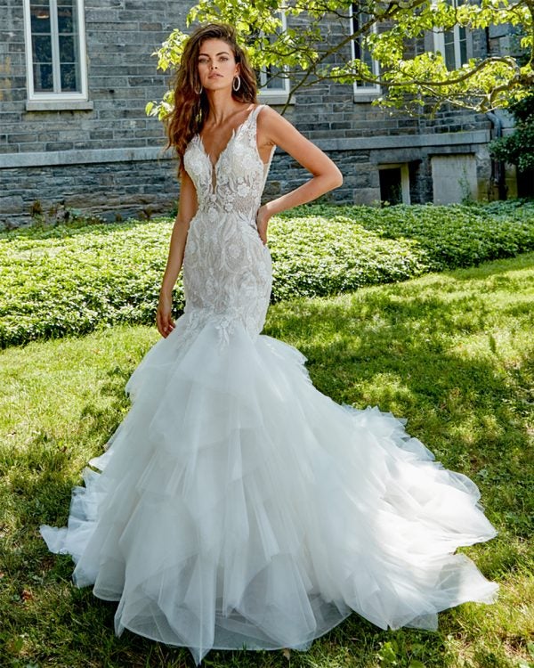 SLEEVELESS V-NECK HAND BEADED LACE FIT AND FLARE WEDDING DRESS by Eve of Milady - Image 1