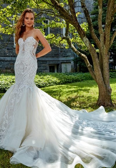 Strapless Beaded Lace Fit And Flare Wedding Dress by Eve of Milady