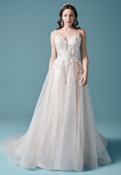 Spaghetti Strap A-line Lace Wedding Dress With Tulle Skirt And Floral Embroideries by Maggie Sottero