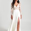 Long Sleeves Embroidered Illusion Top With Satin A-line Skirt Wedding Dress by Rebecca Schoneveld - Image 1