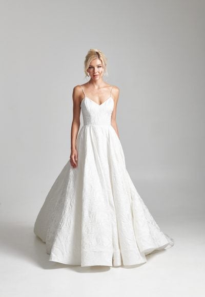 Spaghetti Strap Sweetheart Neckline Floral Jacquard Ball Gown Wedding Dress by Rebecca Schoneveld