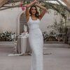 Sleeveless Square Neckline Fitted Sheath Wedding Dress With Beading Throughout And Train by Anna Campbell - Image 1