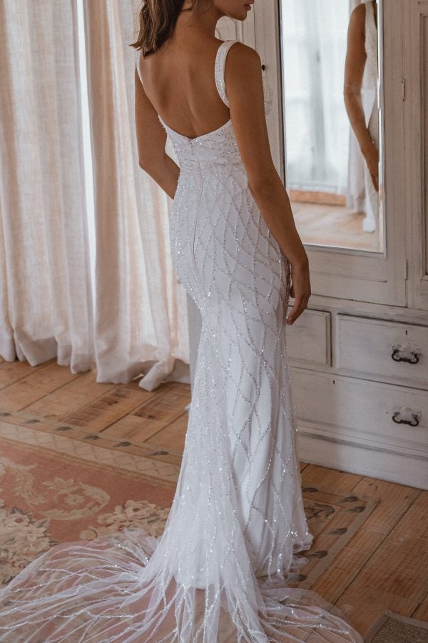 Sleeveless Square Neckline Sheath Wedding Dress With Beading Throughout by Anna Campbell - Image 2